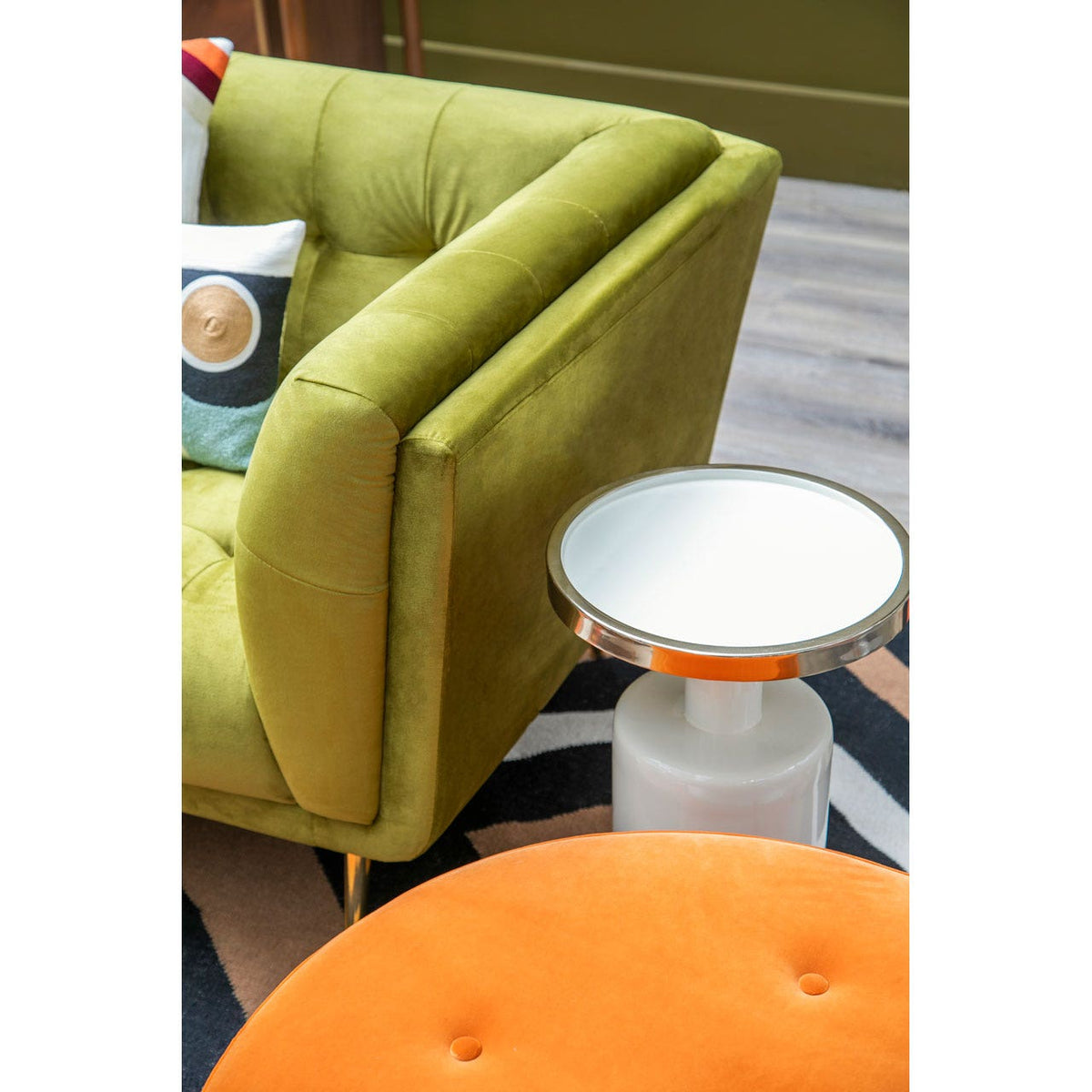 Orange Velvet Button Tufted Footstool