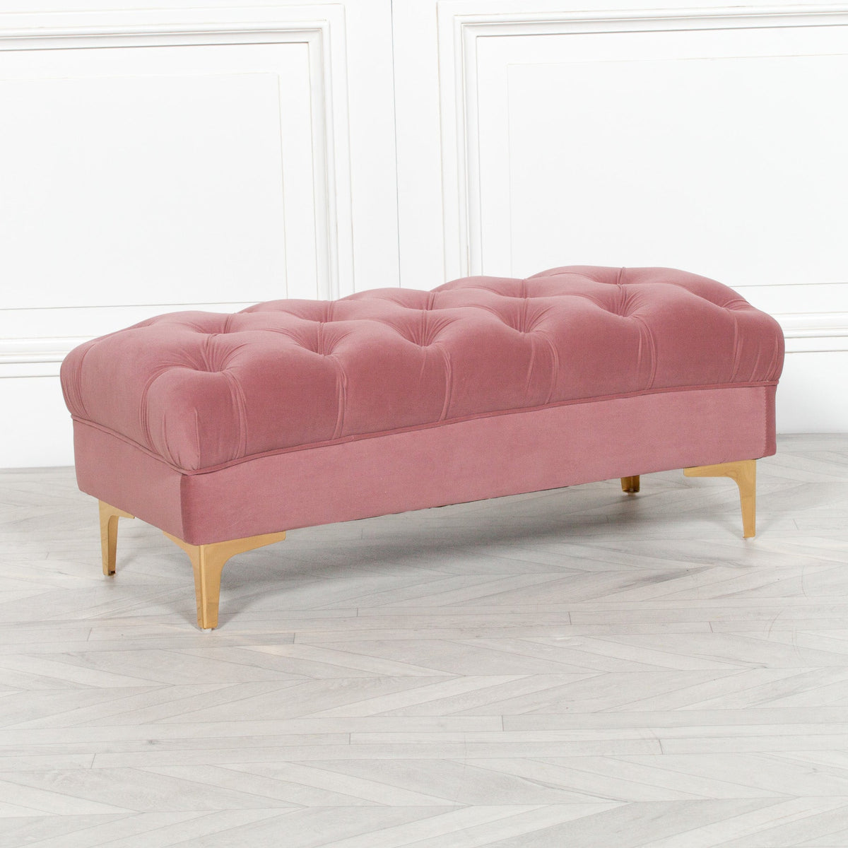 Pink Velvet Buttoned Ottoman Stool with Gold Legs