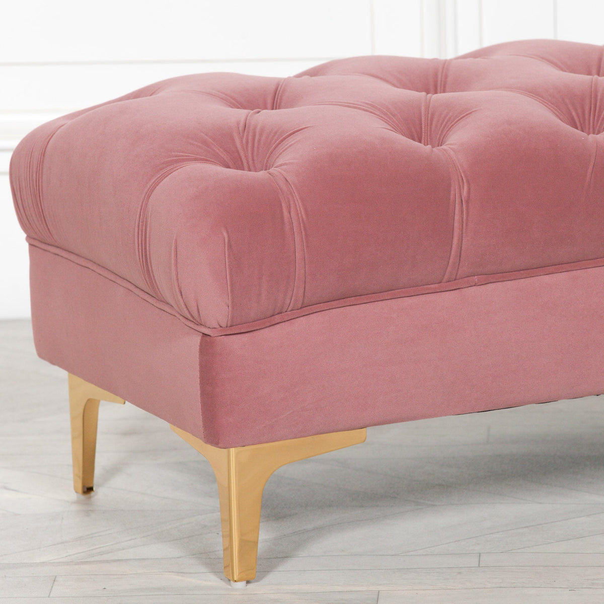 Pink Velvet Buttoned Ottoman Stool with Gold Legs