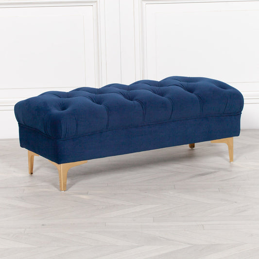 Blue Velvet Buttoned Ottoman Stool with Gold Legs