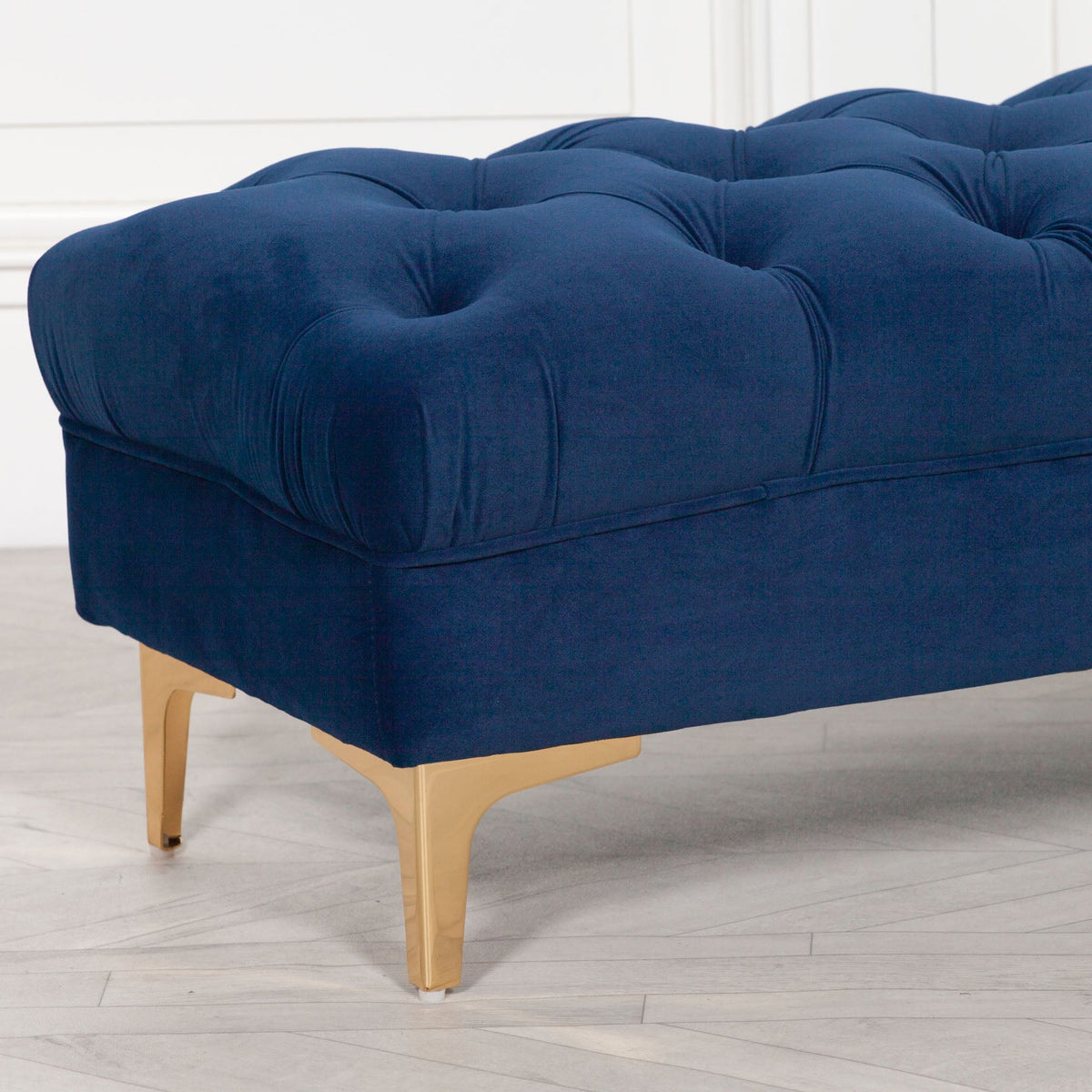 Blue Velvet Buttoned Ottoman Stool with Gold Legs