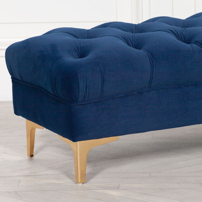 Blue Velvet Buttoned Ottoman Stool with Gold Legs