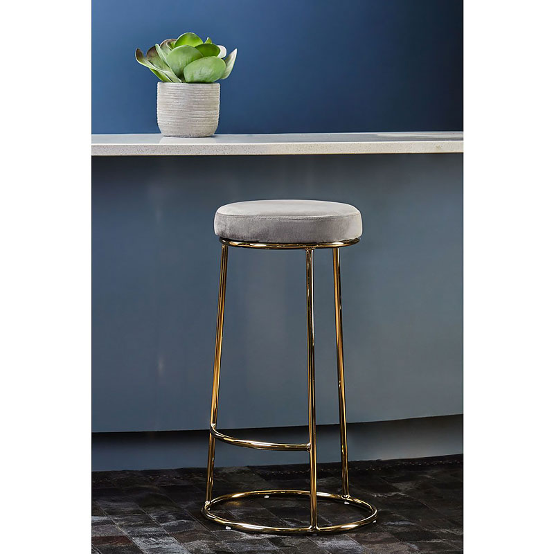 Grey Velvet and Gold Tall Bar Stool